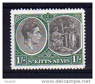 St Kitts Nevis - 1943 - 1 Shilling Definitive (Perf 14 Ordinary Paper) - MH - St.Christopher, Nevis En Anguilla (...-1980)