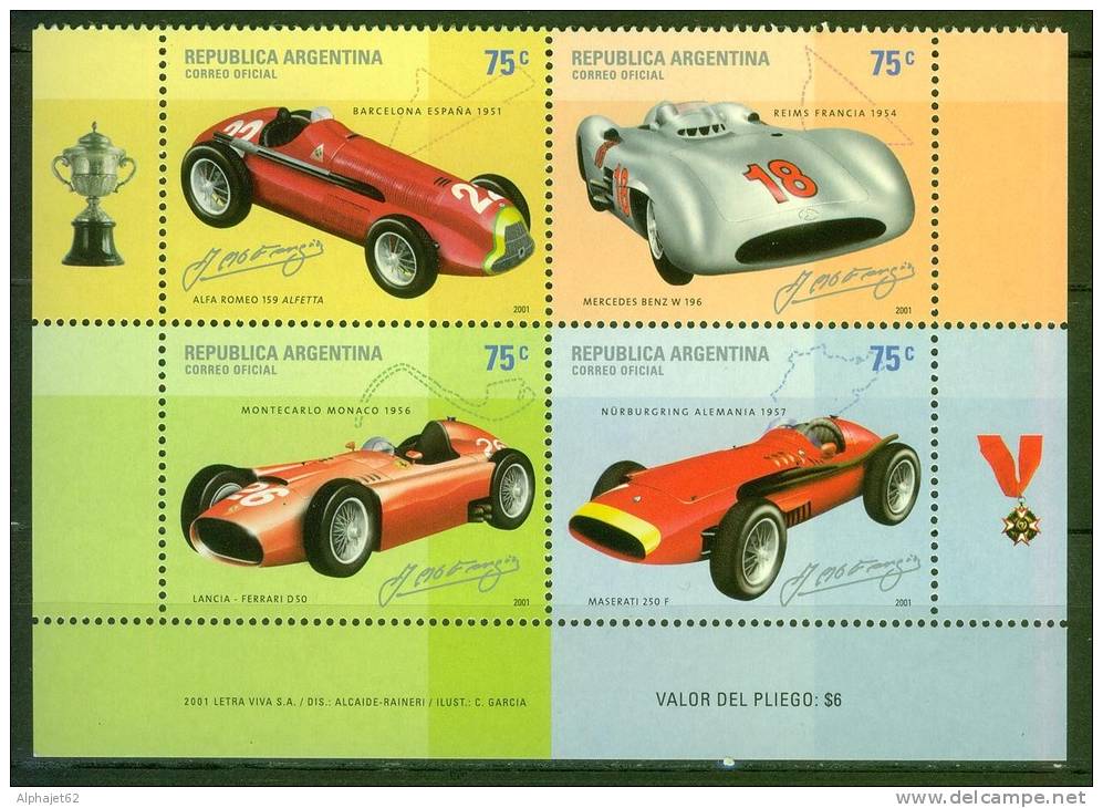 Voitures De Course De Fangio, Automobile - ARGENTINE - Alfa Romeo, Mercedes, Lancia, Maserati - N° 2264 à 2267 ** - 2001 - Unused Stamps