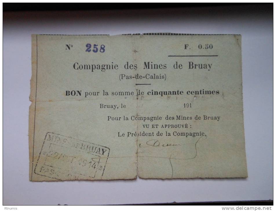 Pas-de-Calais 62 MINES De Bruay , 1ère Guerre Mondiale 50 Centimes RR - Bons & Nécessité