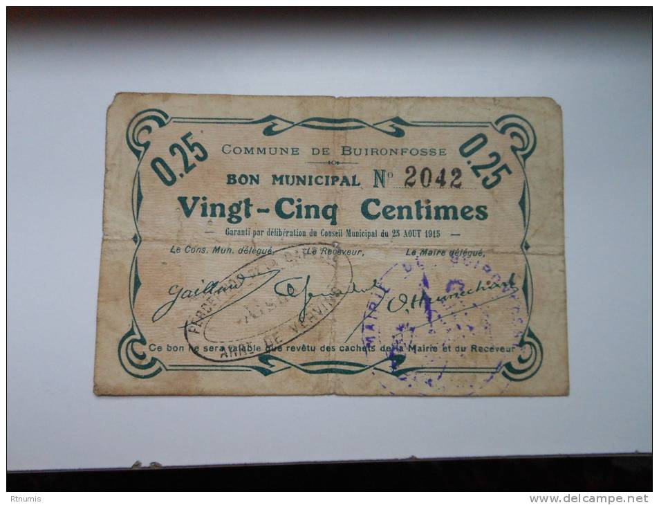 Aisne 02 Buironfosse , 1ère Guerre Mondiale 25 Centimes - Bons & Nécessité