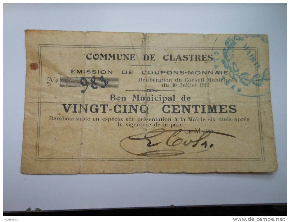 Aisne 02 Clastres , 1ère Guerre Mondiale 25 Centimes - Bons & Nécessité