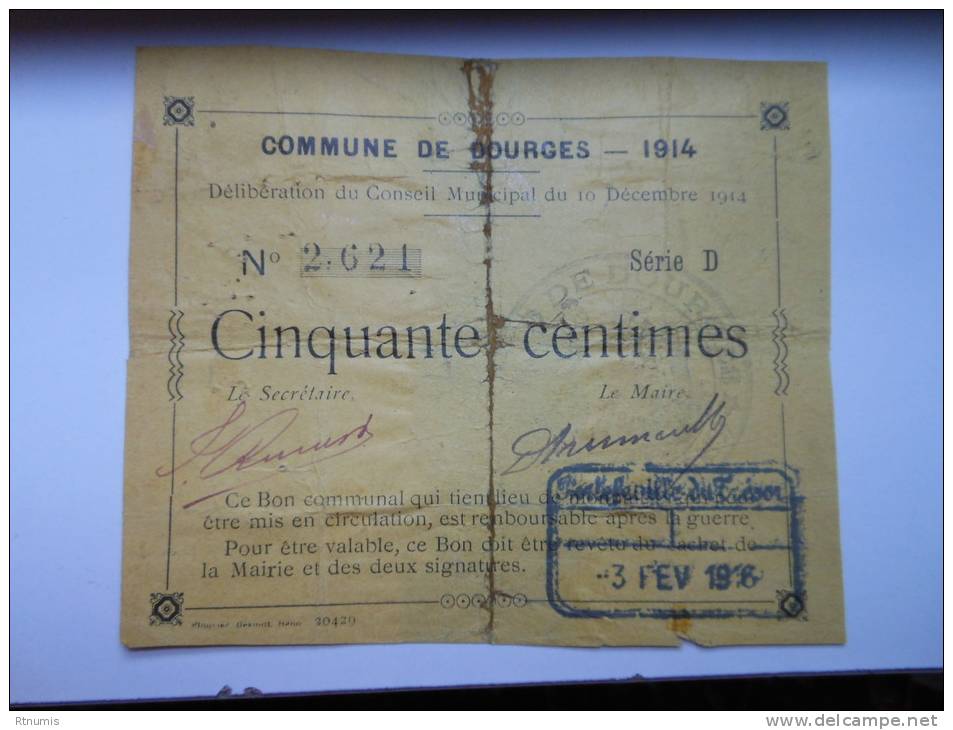 Pas-de-Calais 62 Dourges , 1ère Guerre Mondiale 50 Centimes - Bons & Nécessité