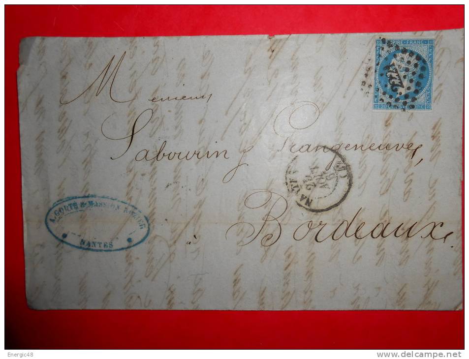 E24;n°14 Sur Lettre Nantes Pour Bordeaux,nuances,variété; Verso Ambulants - 1853-1860 Napoléon III