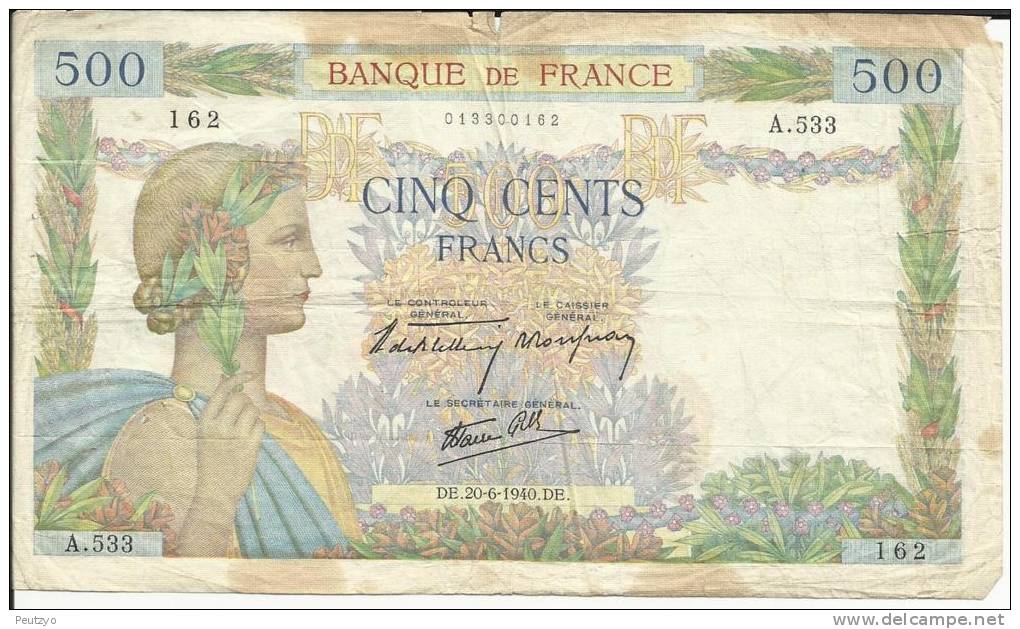 500 Francs La Paix 20-6-1940  162 - 500 F 1940-1944 ''La Paix''