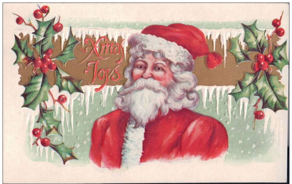 Santa Red Robe Portrait ~ Embossed ~ Xmas Joys (1911) Postcard H192 - Santa Claus