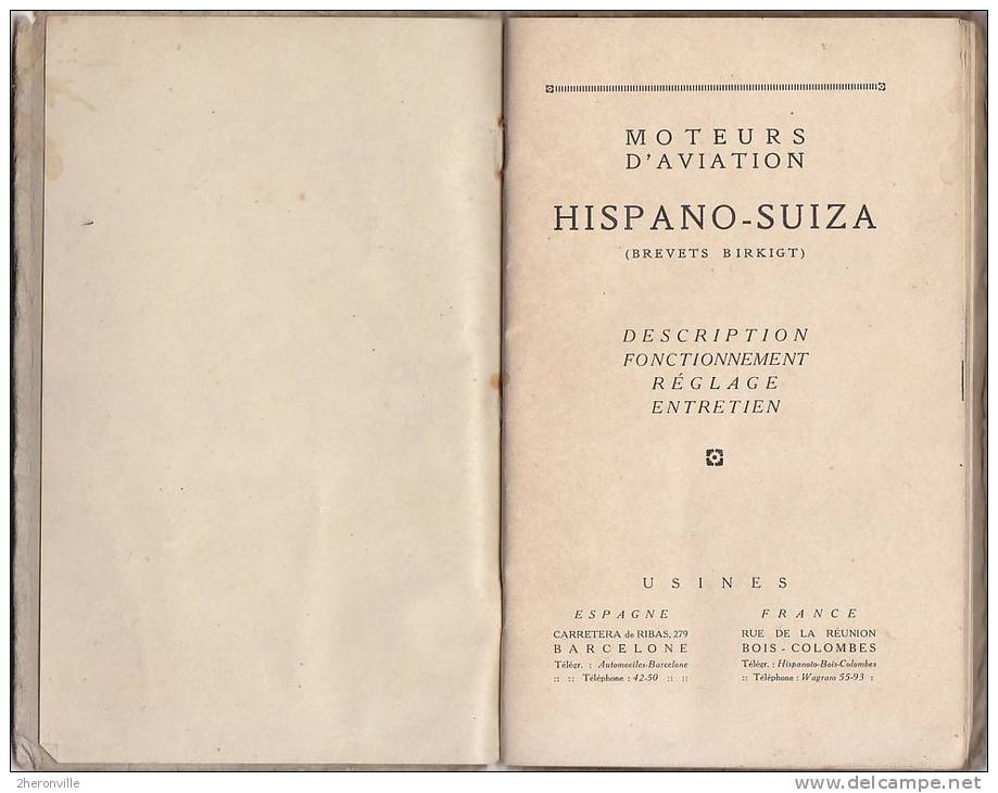 Moteurs  D\´aviation   HISPANO SUIZA -  Livret  Description  Fonctionnement  Réglage  Entretien  - Brevets  BIRKIGT - Fliegerei