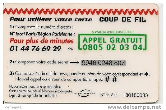 CARTE PREPAYEE-1999-ATLAS TELECOM-50F-ATLAS TELECOM-MONDE & FRANCE-JAUNE--T BE - Autres & Non Classés