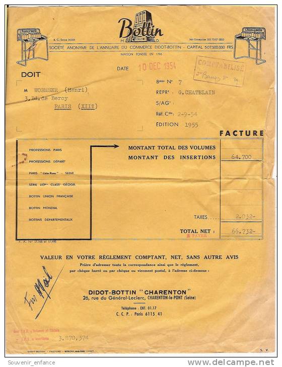 Facture Annuaire Du Commerce Didot Bottin 1 Rue Sébastien Bottin Paris 75 Chatelain Charenton Le Pont 94 Val De Marne - Imprimerie & Papeterie