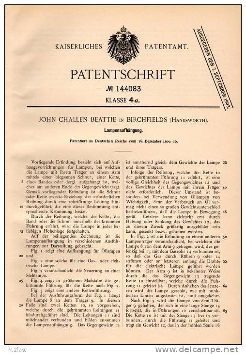 Original Patentschrift - J. Beattie In Birchfields , Handsworth , 1902 , Aufhängung Für Lampen , Lamp , Lamps !!! - Lighting & Lampshades