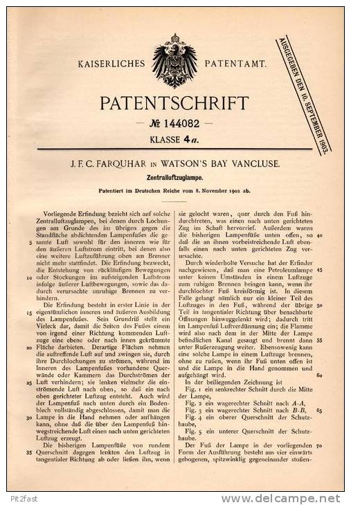 Original Patentschrift - J. Farquhar In Watsons Bay Vaucluse , 1902 , Luftzug - Lampe , Lamp , Lamps !!! - Lighting & Lampshades