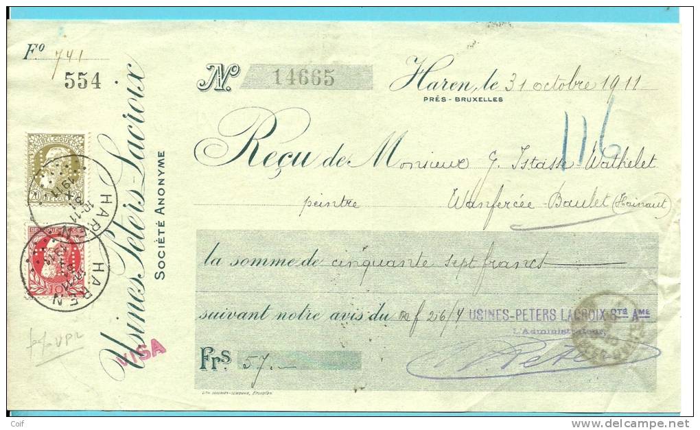 74+75 Op RECU Met Stempel HAREN Met Firmaperforatie (perfin) "U.P.L." Van USINES PETERS LACROIX - 1909-34