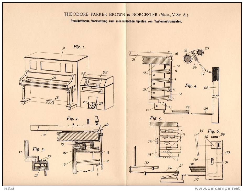 Original Patentschrift - Th. Brown In Norcester , Mass., 1902 , Pneumatic Für Piano , Klavier , Musik !!! - Muziekinstrumenten