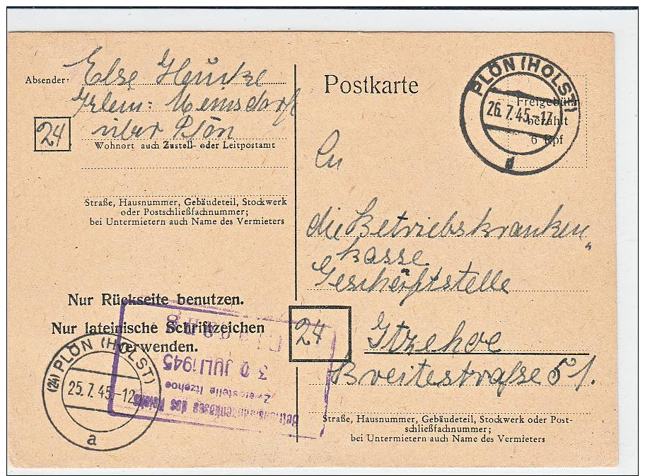 26.7.45 BESSERE NOT-Ganzsache ZPlön/Itzehoe. MK - Sonstige & Ohne Zuordnung