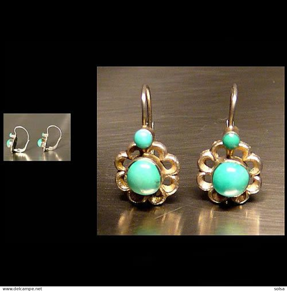 - Anciennes Boucles Florales Magyar En Argent Et Turquoises  /Old Hungarian Silver And Turquese Earrings - Oorringen