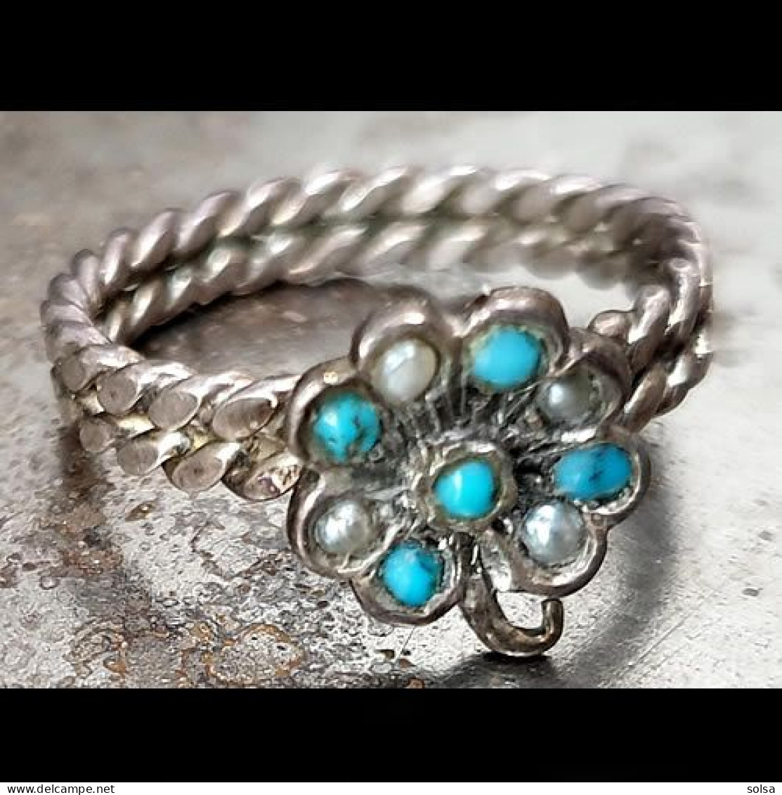 - Ancienne Bague Fleur Magyar En Perles Et Turquoises T 58-59 / Old Hungarian Silver, Turquese And Pearls Flower Ring - Rings