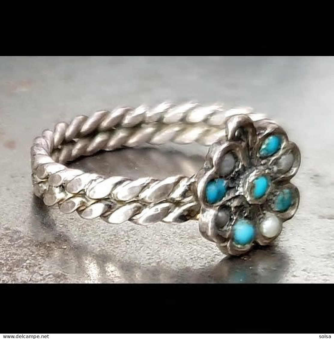 - Ancienne Bague Fleur Magyar En Perles Et Turquoises T 58-59 / Old Hungarian Silver, Turquese And Pearls Flower Ring - Rings