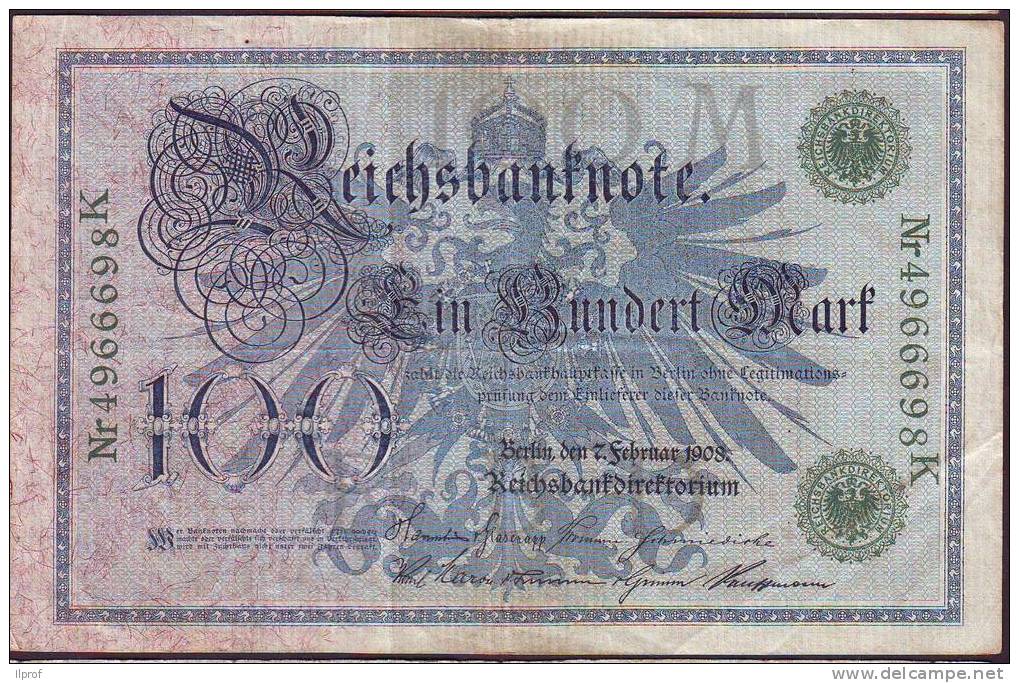 Germania Banconota 100 Mark Anno 1908 Circolata Serie K4966698 - 100 Mark