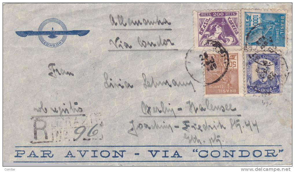 BRASIL, LETTRE COVER , 1938 RECOM. AERO, VIA CONDOR,... Pour GERMANY BERLIN /2768 - Lettres & Documents