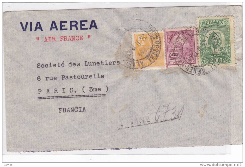 BRASIL, LETTRE COVER , RECOM. 1940, VIA AEREA, SERVICIO POSTAL Pour FRANCE /1085 - Covers & Documents