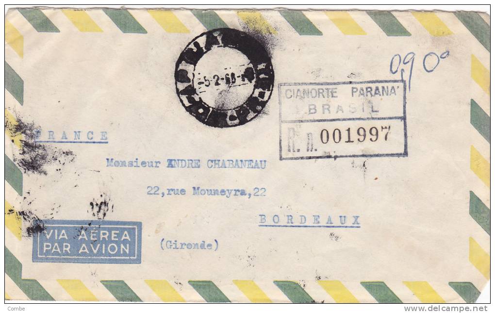 BRASIL, LETTRE COVER , RECOM. 1968, VIA AEREA, CIANORTE PARANA Pour FRANCE /2792 - Storia Postale