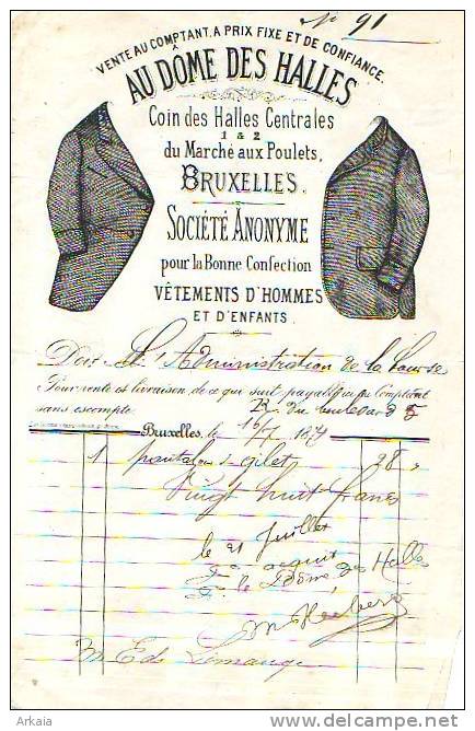 Bruxelles - 1874 - "Au Dôme Des Halles" - S.A. - Confection Vêtements D´hommes Et D´enfants - Vestiario & Tessile