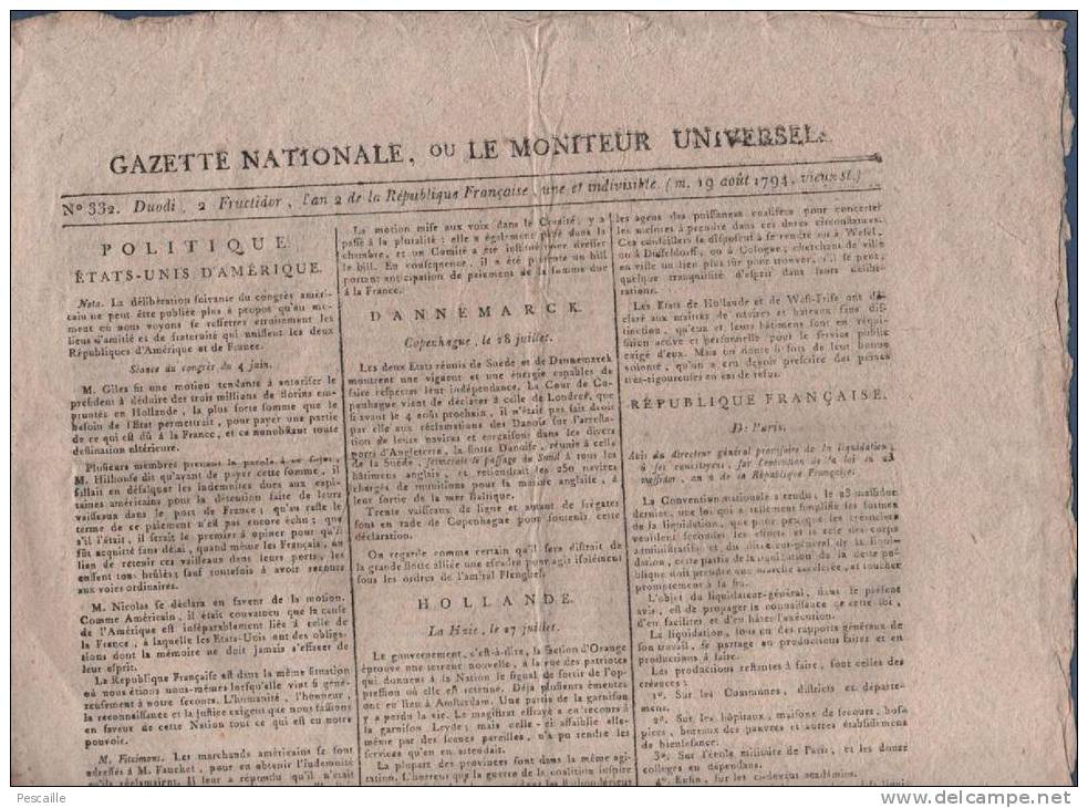 GAZETTE NATIONALE MONITEUR UNIVERSEL 19 08 1794 - ETATS UNIS - HOLLANDE - ECOLE DE MARS - OLLIOULES - NIMES ... - Journaux Anciens - Avant 1800