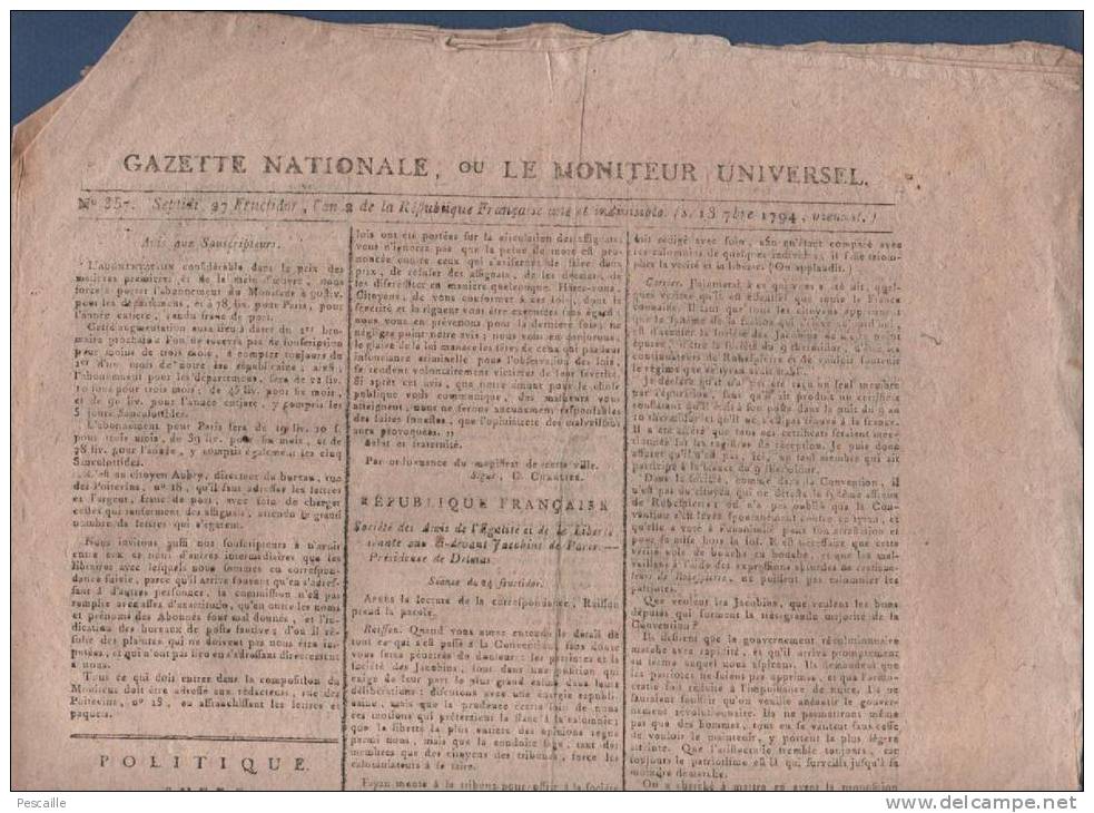 GAZETTE NATIONALE MONITEUR UNIVERSEL 13 09 1794 - BELGIQUE - JACOBINS - BRUXELLES DROUET - COLLOT D'HERBOIS - GUADELOUPE - Journaux Anciens - Avant 1800