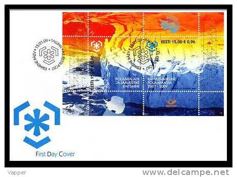 Polar Philately Estonia 2009 Sheet FDC Protection Polar Areas And Glaciers. Antarctica, Giant Iceberg With Deep Mi BL32 - Preservar Las Regiones Polares Y Glaciares