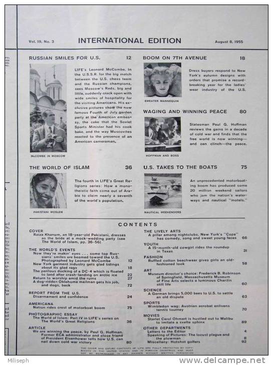 Magazine LIFE - AUGUST 8 , 1955 - INTER. ED. -   LE MONDE DE L'ISLAM  - PUB. Voitures  MORRIS OXFORD - FORD  Etc  (3032) - Novedades/Actualidades