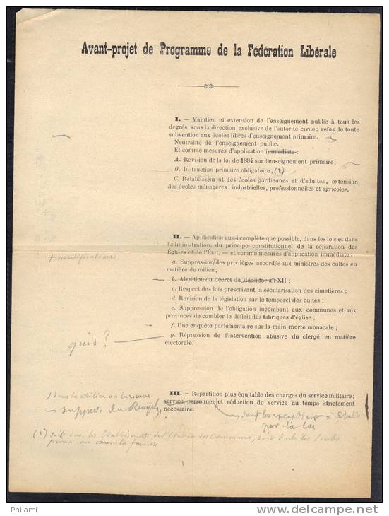 BELGIQUE 1894,  AVANT PROJET De PROGRAMME De La FEDERATION LIBERAL. (3V12) - Documents Historiques