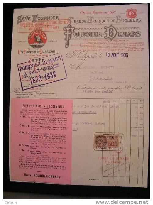 Fournier-Demars,  Grande Fabrique De Liqueurs - St Amand ( 18 - Cher ) , Le 10 Aout 1936 - 1950 - ...