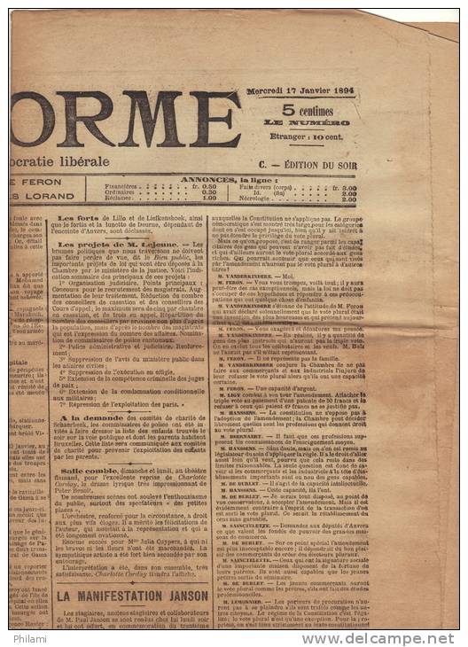 BELGIQUE,  JOURNAL LA REFORME QUOTIDIEN DE LA DEMOCRATIE LIBERALE 14 MARS 1894. (3V25) - Documents Historiques