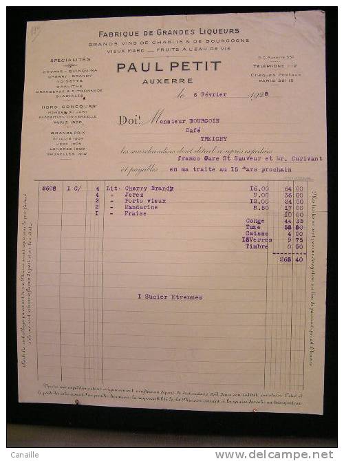 Fabrique De Grandes Liqueurs , Paul Petit ,   [89] Yonne -  Auxerre  - 6  Février 1928 .- - 1900 – 1949