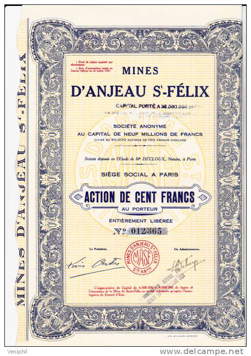 LOT DE 4 ACTIONS DES MINES D'ANJEAU ST FELIX --1938 - Mines