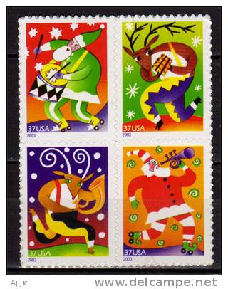 USA.Pere Noel & Rennes Musiciens.  4 T-p Neufs **  Adhesifs. Yv.# 3512/15 - Christmas