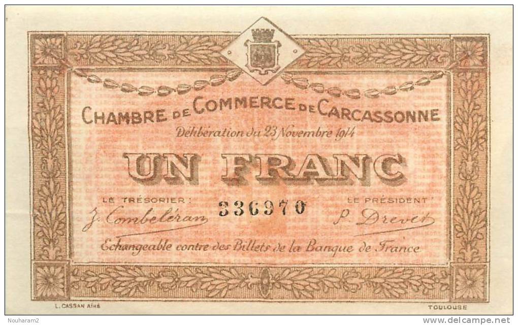 Billet Réf 087. Chambre De Commerce Carcassonne - 1 Franc - Chambre De Commerce
