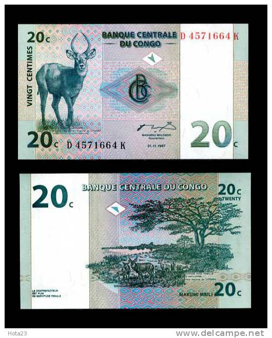 CONGO 20 CENTIMES 1997 P 83 UNC  Animal - République Démocratique Du Congo & Zaïre