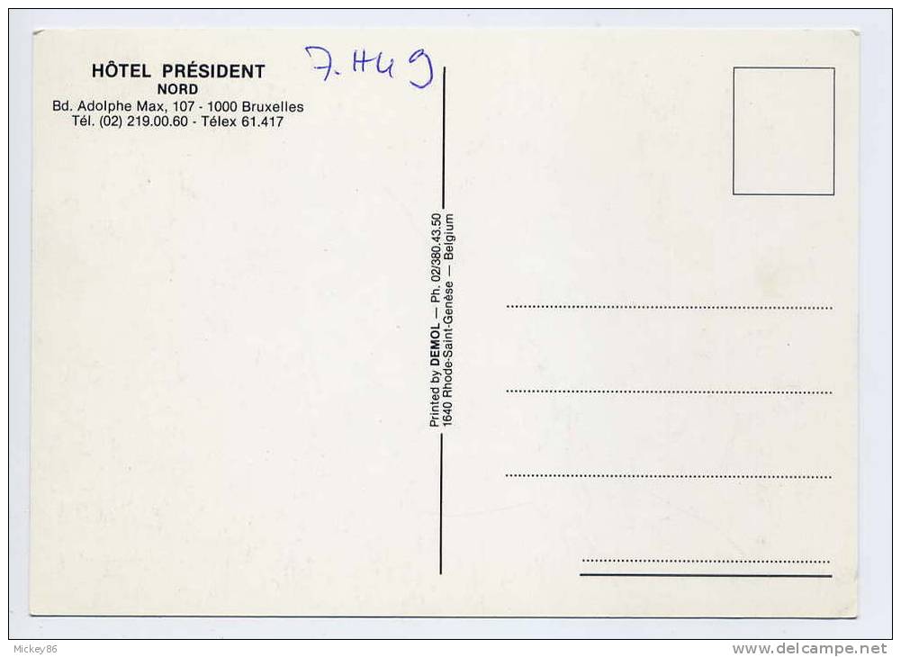 Belgique--BRUXELLES--Hotel Président Nord ,Bd Adolphe Max,107---1000--Bruxelles-(voitures)-carte Publicitaire éd Démol - Cafés, Hôtels, Restaurants