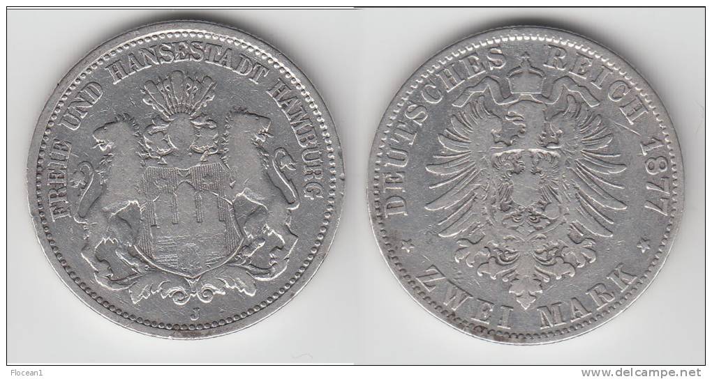 HAMBOURG - HAMBURG ** ALLEMAGNE - GERMANY - 2 MARK 1877 J - ZWEI MARK 1877 J - ARGENT - SILVER ** EN ACHAT IMMEDIAT !!! - 2, 3 & 5 Mark Silber