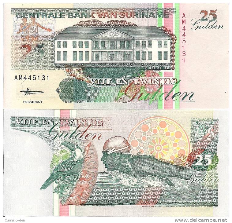 Suriname P136b, 5 Gulden, Logging/Toucan - Surinam