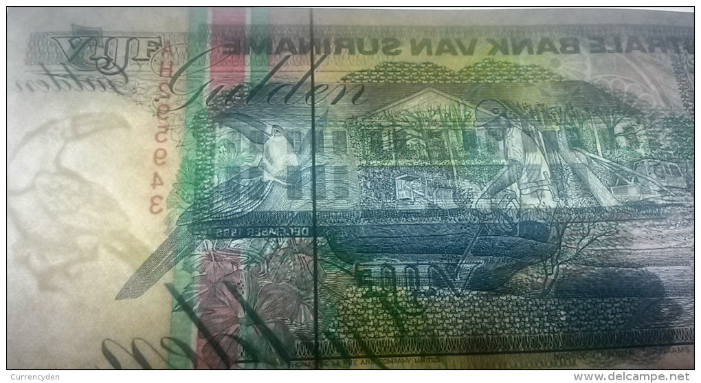 Suriname P136b, 5 Gulden, Logging/Toucan - Suriname