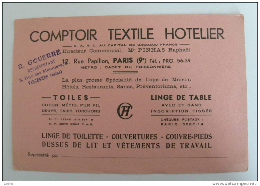 BUVARD Comptoir Textile Hotelier Linge De Maison Coton Metis Rue Papillon Paris -  R. Gouerre Vincennes Pinhas Raphael - Kleidung & Textil