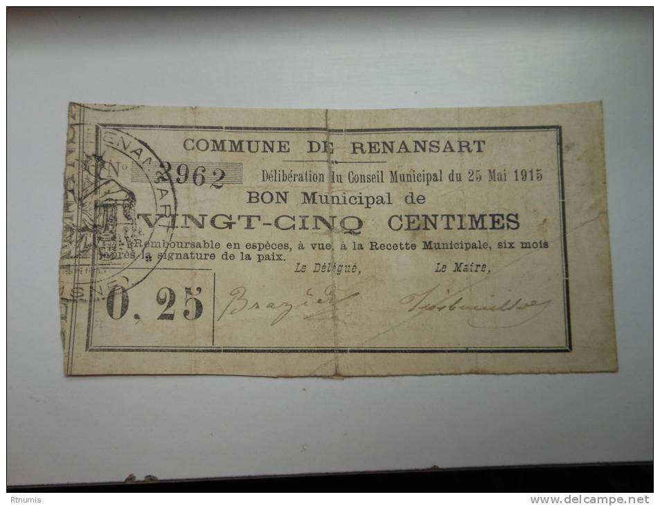 Aisne 02 Renansart , 1ère Guerre Mondiale 25 Centimes R - Bons & Nécessité