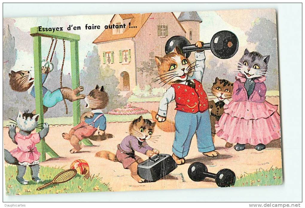 CHATS HUMANISES  - Au Terrain De Sports : Balançoire, Raquettes Et Haltérophilie - 2 Scans - Chats