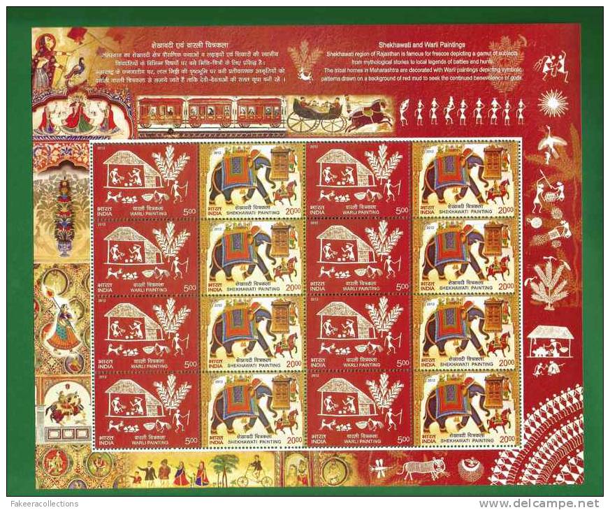 INDIA 2012 - WARLI & SHEKHAWATI PAINTINGS  - 2v SE TENANT SHEETLET MNH ** - Painting, Elephant, Art, Horse - As Scan - Collections, Lots & Series