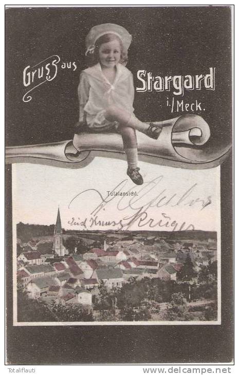 Gruss Aus Burg Stargard Totalansicht Jugendstil Mit Mädchen 12.7.1908 Gelaufen - Neubrandenburg