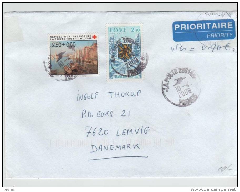 France Cover Sent To Denmark 10-4-2009 Including Red Cross Stamp - Covers & Documents