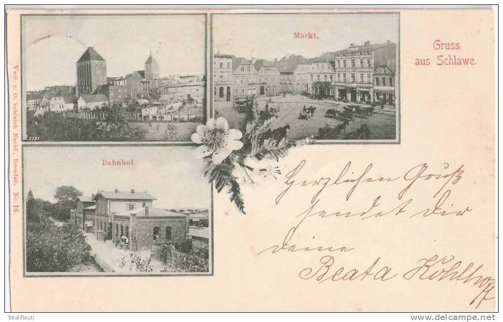 Gruss Aus Schlawe Bahnhof Markt Gesamt Slawno Jugendstil Grünlich 20.3.1898 Gelaufen - Pommern