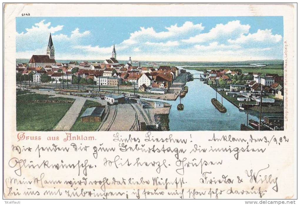 Gruss Aus Anklam Gesamtansicht über Peene Hafen Bahn Gleisanlage Color Litho 3.9.1902 Gelaufen - Anklam