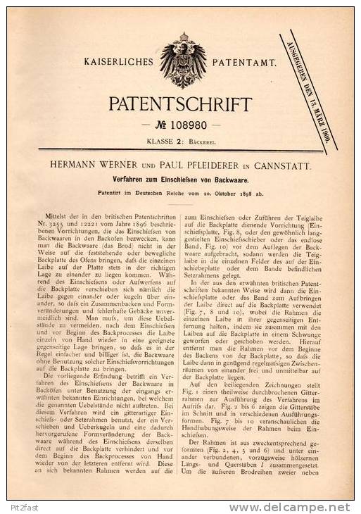 Original Patentschrift - H. Werner & P. Pfleiderer In Cannstatt ,1898,Apparat F. Backware , Bäcker , Bäckerei , Konditor - Historische Dokumente